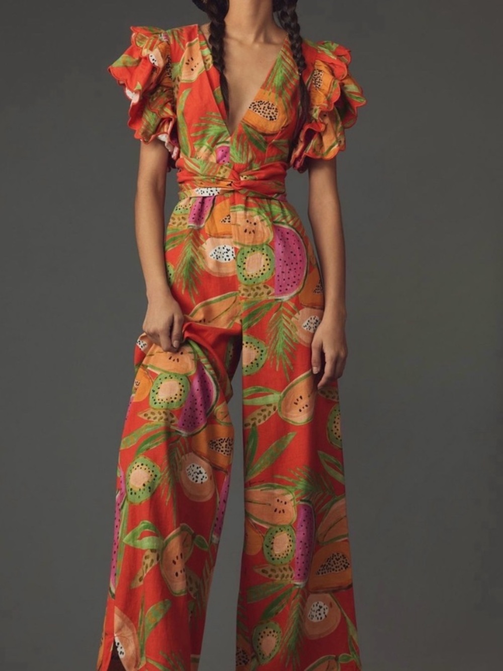 FARM Rio x Anthropologie Tropical Fruit Print Linen Wide-Leg Jumpsuit